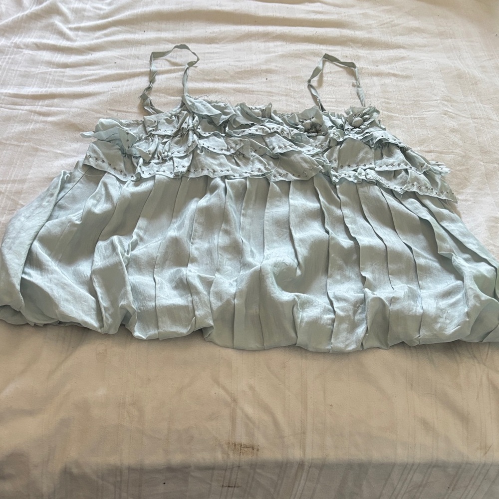 Pastel Blue Ruffle-Trim Pleated Camisole